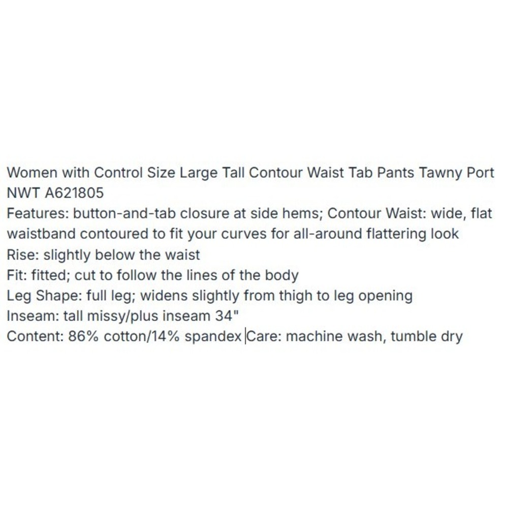 Women with Control Contour Waist Tab Pants Tawny Port Large Tall A621805 NWT - Picture 4 of 4